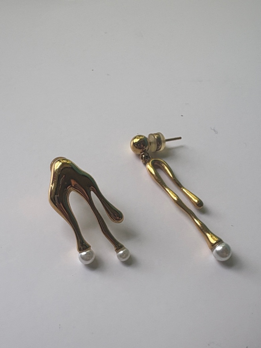 Gold Tone Abstract Drop Earrings with Pearl Accents